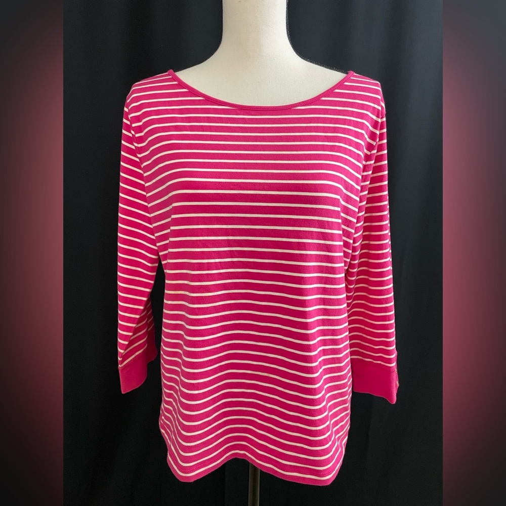 Chaps Women's Long Sleeve Pink and White Striped Top